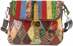 Women Multi-color Purse Snake Pattern Genuine Leather Handbag 3D Color Spliced Shiny Crossbody Bag Flip Shoulder Bag