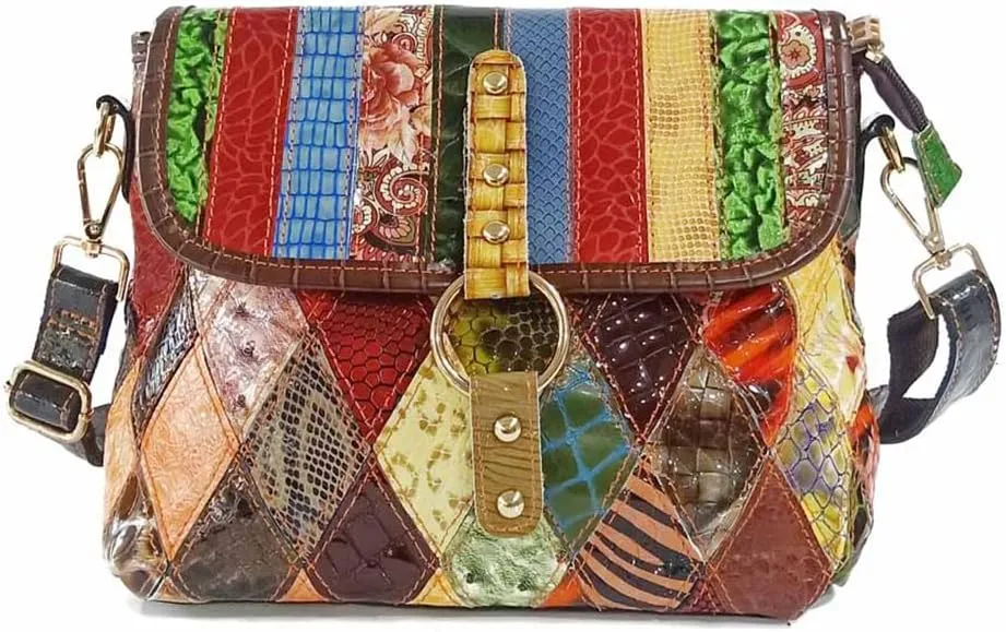 Women Multi-color Purse Snake Pattern Genuine Leather Handbag 3D Color Spliced Shiny Crossbody Bag Flip Shoulder Bag