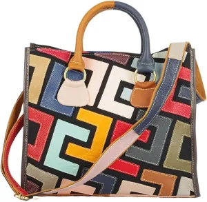 Women Multicolor Genuine Leather Tote Cowhide Graffiti Print Colorful Handbag Patchwork Purse Ladies Crossbody Bags