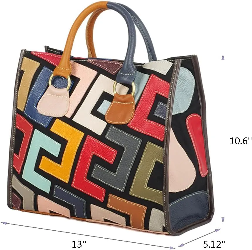 Women Multicolor Genuine Leather Tote Cowhide Graffiti Print Colorful Handbag Patchwork Purse Ladies Crossbody Bags