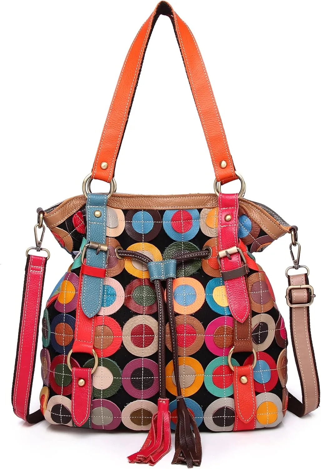 Women Multicolor Shoulder Handbag Leather Purse Circle Splicing Tassel Satchel