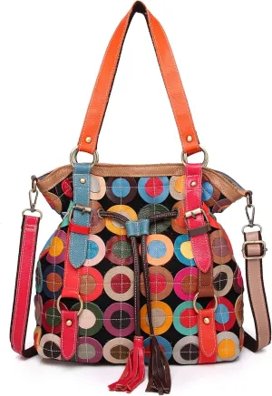 Women Multicolor Shoulder Handbag Leather Purse Circle Splicing Tassel Satchel