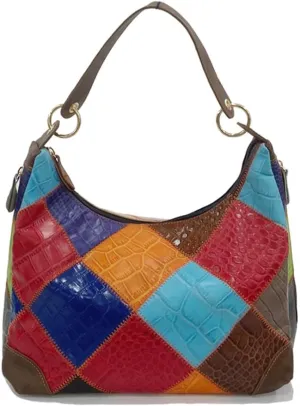 Women Multicolor Spliced Tote Genuine Leather Crocodile Print Handbag Random Colorful Patchwork Work Travel Purses