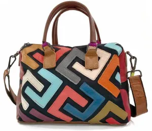 Women Multicolor Word Spliced Hobo Shoulder Bag Flip Genuine Leather Handbag 3D Pattern Colorful Totes Satchel