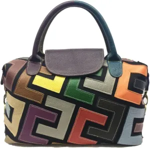Women Multicolor Word Spliced Hobo Shoulder Bag Flip Genuine Leather Handbag 3D Pattern Colorful Totes Satchel