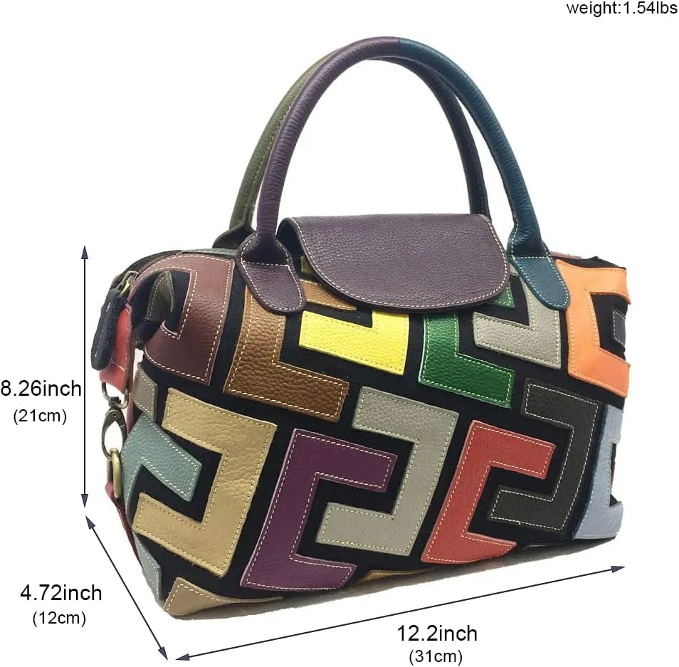 Women Multicolor Word Spliced Hobo Shoulder Bag Flip Genuine Leather Handbag 3D Pattern Colorful Totes Satchel