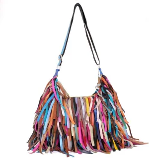 Women Multicolour Hobo Bag Sheepskin Random Patchwork Shoulder Bag Colorful Tassels Handbag Purses, One Color, One Size