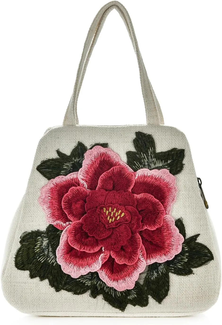 Women Retro 3D Flowers Top-handle Handbag Ladies Boho Embroidered Handmade Double Zip Tote Purse Chinese Ethnic Hobo Bag