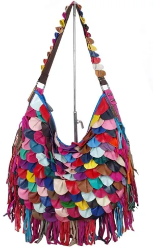 Women Sheepskin Hobo Bag Multicolour Patchwork Shoulder Bag Leaf Handbag Purse