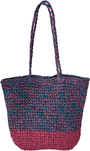 Women Straw Tote Bag Wear Resist Hand Woven Shoulder Bag Contrast Color Vacation Straw Handbag Female Travel Commute Shoulder Bag (Rose Red)