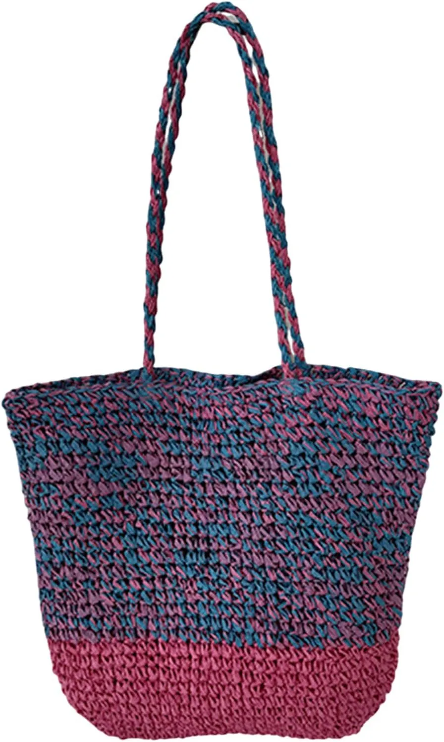 Women Straw Tote Bag Wear Resist Hand Woven Shoulder Bag Contrast Color Vacation Straw Handbag Female Travel Commute Shoulder Bag (Rose Red)