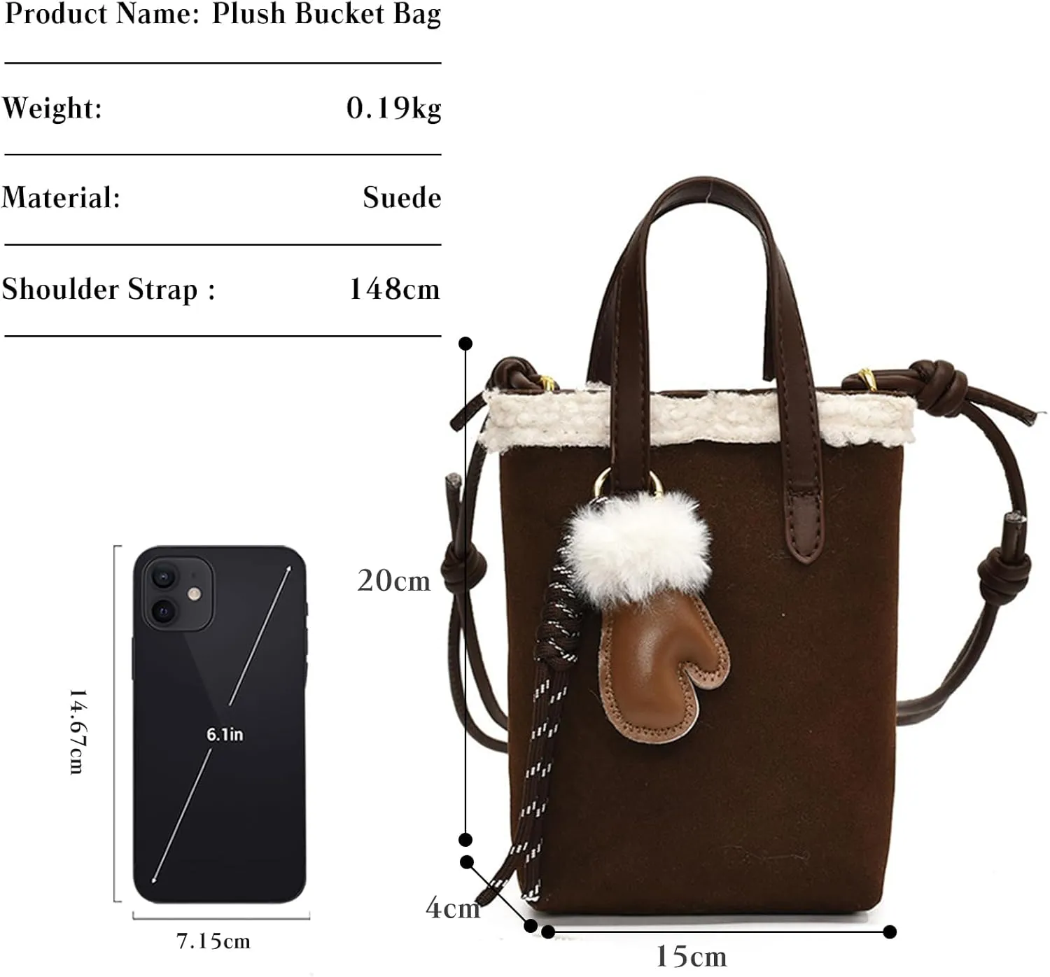 Women Suede Crossbody Bag Handbag with Lamb Wool Vintage Shoulder Bag Soft Plush Top Handle Bag Small Tote Bag