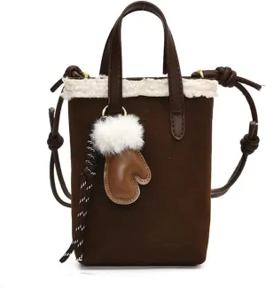 Women Suede Crossbody Bag Handbag with Lamb Wool Vintage Shoulder Bag Soft Plush Top Handle Bag Small Tote Bag