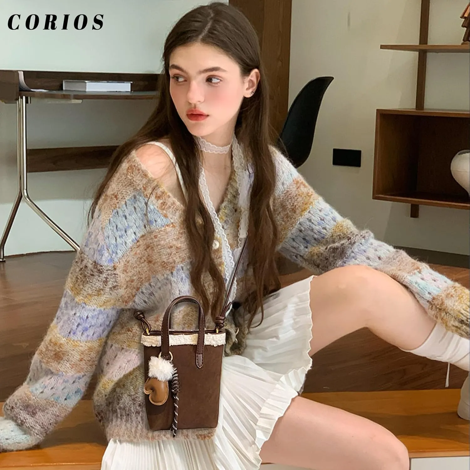 Women Suede Crossbody Bag Handbag with Lamb Wool Vintage Shoulder Bag Soft Plush Top Handle Bag Small Tote Bag