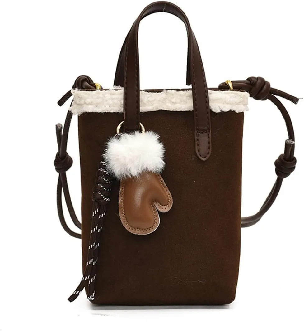 Women Suede Crossbody Bag Handbag with Lamb Wool Vintage Shoulder Bag Soft Plush Top Handle Bag Small Tote Bag