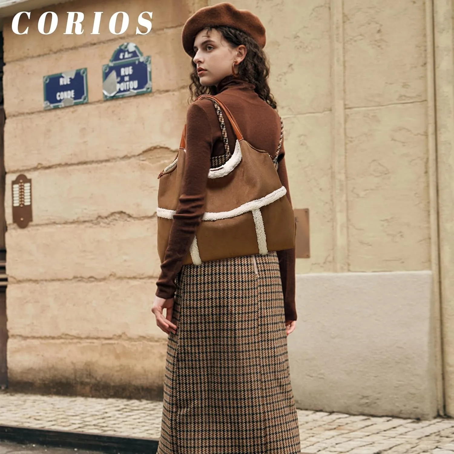 Women Suede Tote Shoulder Bag with Lamb Wool Vintage Crossbody Large Handbag with Coin Purse 2pcs Set