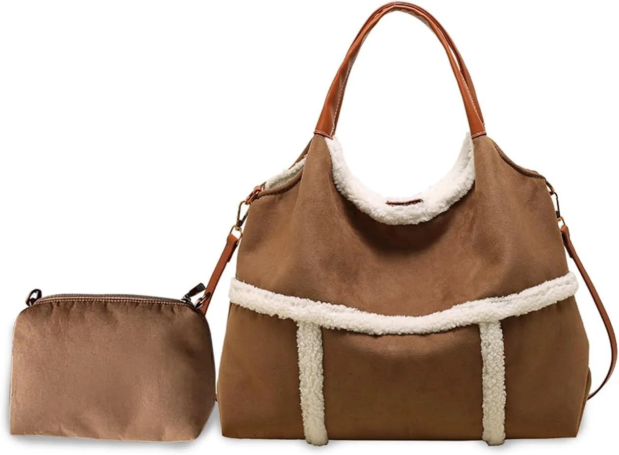 Women Suede Tote Shoulder Bag with Lamb Wool Vintage Crossbody Large Handbag with Coin Purse 2pcs Set