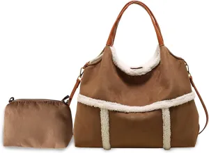 Women Suede Tote Shoulder Bag with Lamb Wool Vintage Crossbody Large Handbag with Coin Purse 2pcs Set