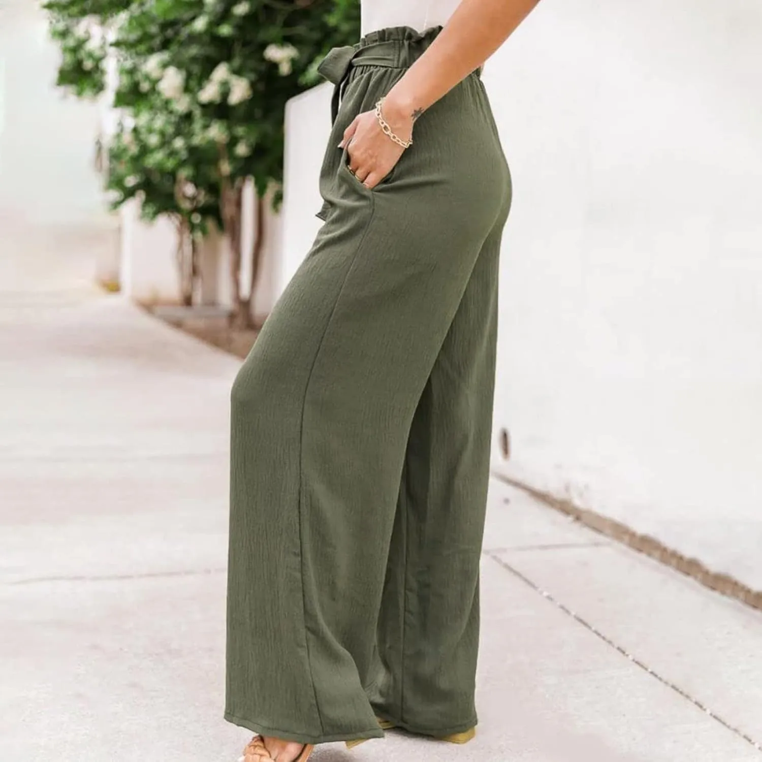 Women Summer High Waisted Cotton Linen Palazzo Pants Wide Leg Long Boho Lounge Work Pant Trouser with Pockets