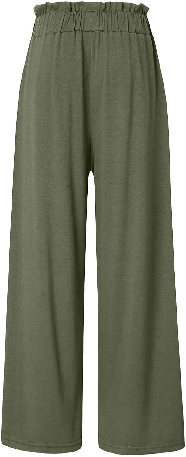Women Summer High Waisted Cotton Linen Palazzo Pants Wide Leg Long Boho Lounge Work Pant Trouser with Pockets
