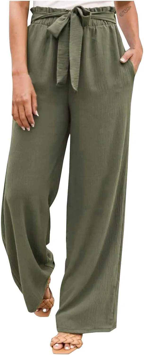 Women Summer High Waisted Cotton Linen Palazzo Pants Wide Leg Long Boho Lounge Work Pant Trouser with Pockets