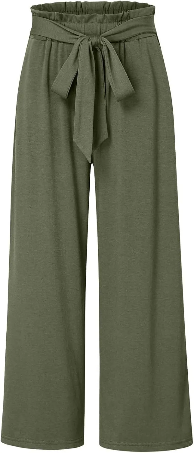 Women Summer High Waisted Cotton Linen Palazzo Pants Wide Leg Long Boho Lounge Work Pant Trouser with Pockets