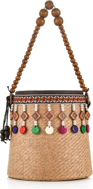 Women Summer Straw Bucket Bag Boho Beach Woven Handmade Top-handle Barrel Drwastring Tote Purse With Beads Pendants