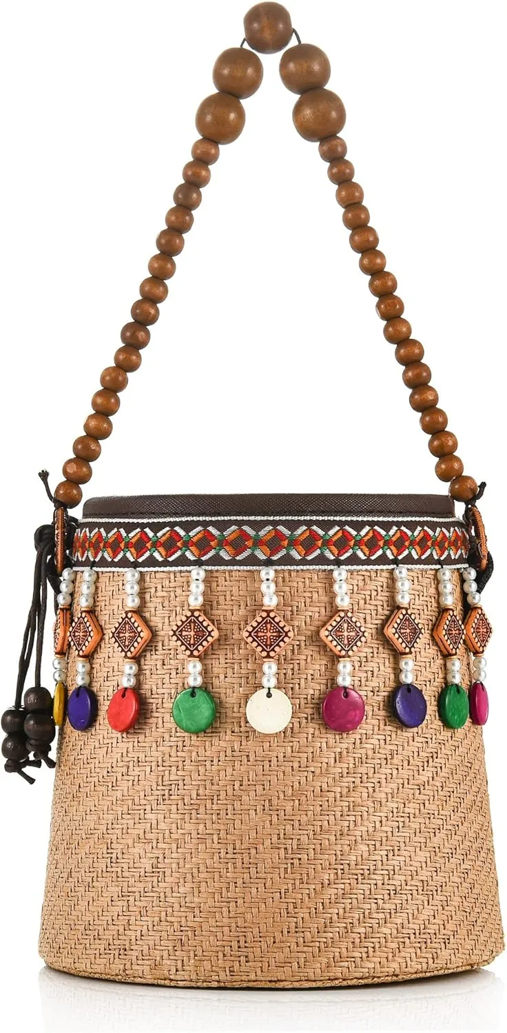 Women Summer Straw Bucket Bag Boho Beach Woven Handmade Top-handle Barrel Drwastring Tote Purse With Beads Pendants