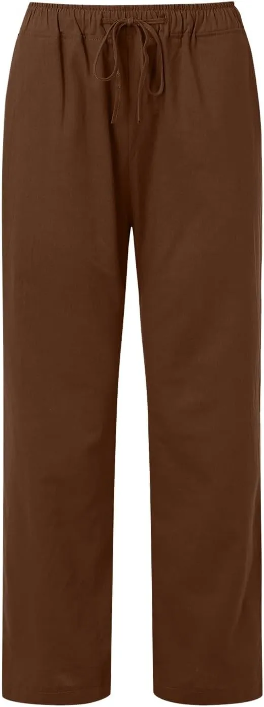 Women Wide Leg Linen Pants Summer Casual High Waist Palazzo Pant Loose Fit Ruched Trouser with Pocket