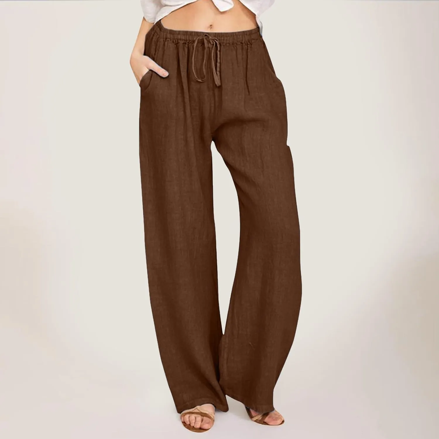 Women Wide Leg Linen Pants Summer Casual High Waist Palazzo Pant Loose Fit Ruched Trouser with Pocket