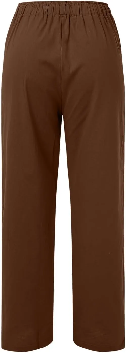 Women Wide Leg Linen Pants Summer Casual High Waist Palazzo Pant Loose Fit Ruched Trouser with Pocket