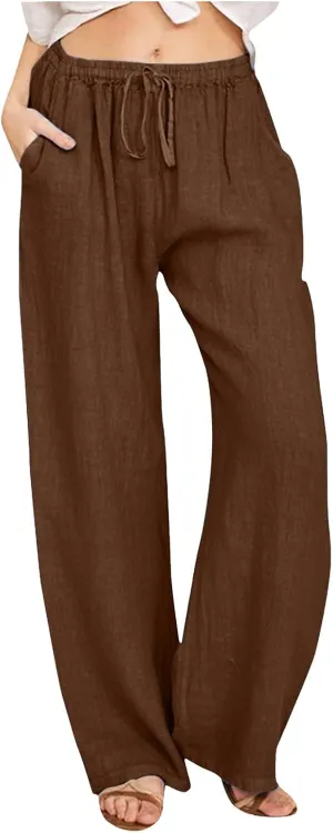 Women Wide Leg Linen Pants Summer Casual High Waist Palazzo Pant Loose Fit Ruched Trouser with Pocket