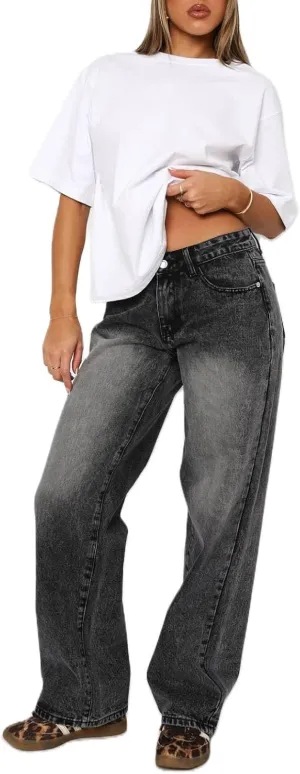 Women Y2k Low Rise Baggy Jeans Vintage Boyfriend Loose Fit Straight Wide Leg Jeans Casual Long Denim Pants
