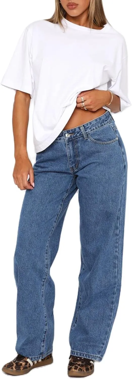 Women Y2k Low Rise Baggy Jeans Vintage Boyfriend Loose Fit Straight Wide Leg Jeans Casual Long Denim Pants