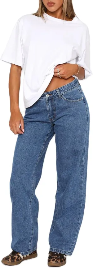 Women Y2k Low Rise Baggy Jeans Vintage Boyfriend Loose Fit Straight Wide Leg Jeans Casual Long Denim Pants