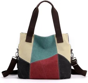 Women's Canvas Tote Handbags - Patchwork Crossbody Shoulder Bag with Top Handle - Casual Color Canvas Bag
