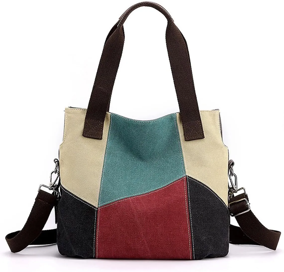 Women's Canvas Tote Handbags - Patchwork Crossbody Shoulder Bag with Top Handle - Casual Color Canvas Bag