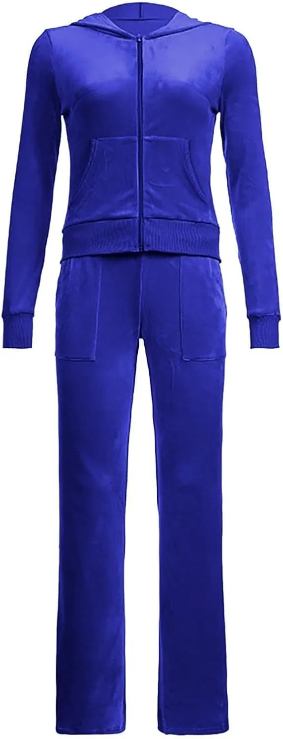 Womens Casual Velour 2 Piece Outfits Cozy Solid Color Sleep Casual Loungwear Sets Street Sports Fashion Tracksuit Set
