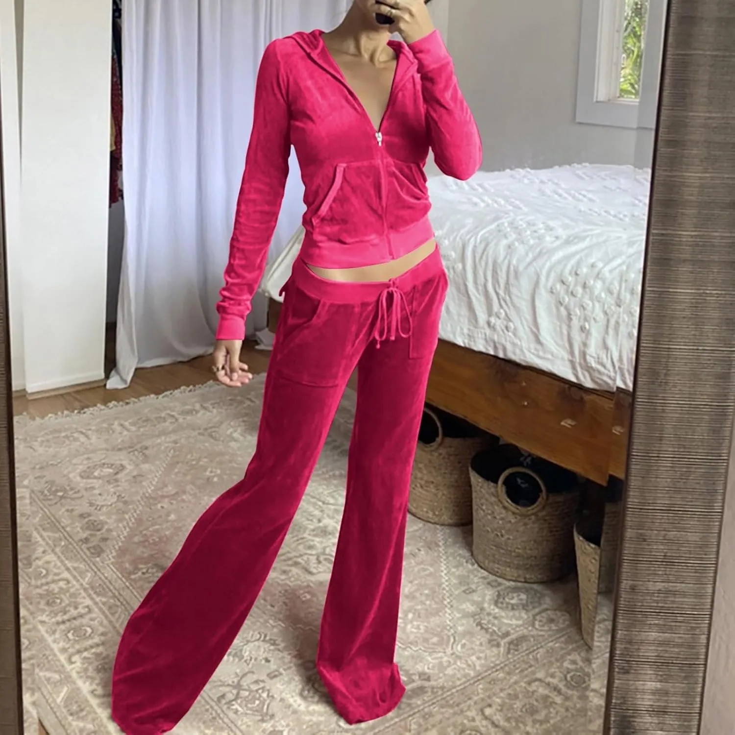 Womens Casual Velour 2 Piece Outfits Cozy Solid Color Sleep Casual Loungwear Sets Street Sports Fashion Tracksuit Set