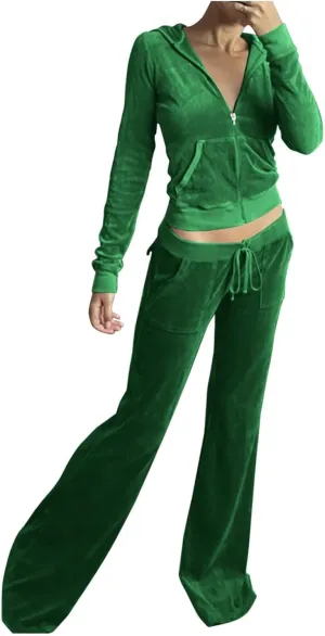 Womens Casual Velour 2 Piece Outfits Cozy Solid Color Sleep Casual Loungwear Sets Street Sports Fashion Tracksuit Set