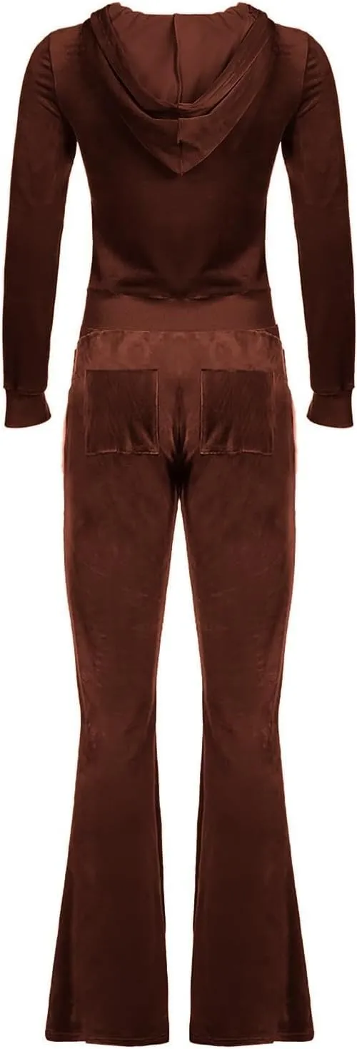 Womens Casual Velour 2 Piece Outfits Cozy Solid Color Sleep Casual Loungwear Sets Street Sports Fashion Tracksuit Set