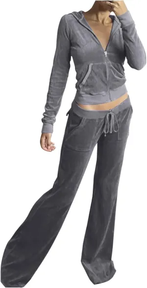 Womens Casual Velour 2 Piece Outfits Cozy Solid Color Sleep Casual Loungwear Sets Street Sports Fashion Tracksuit Set