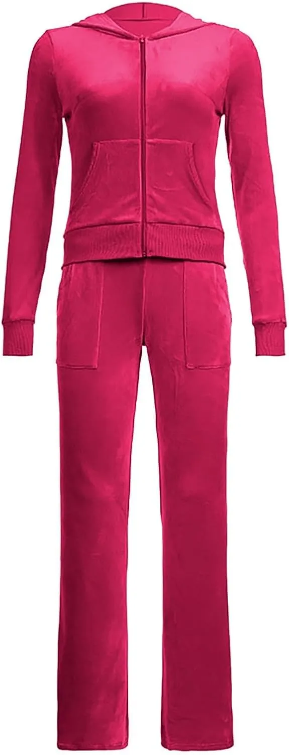 Womens Casual Velour 2 Piece Outfits Cozy Solid Color Sleep Casual Loungwear Sets Street Sports Fashion Tracksuit Set