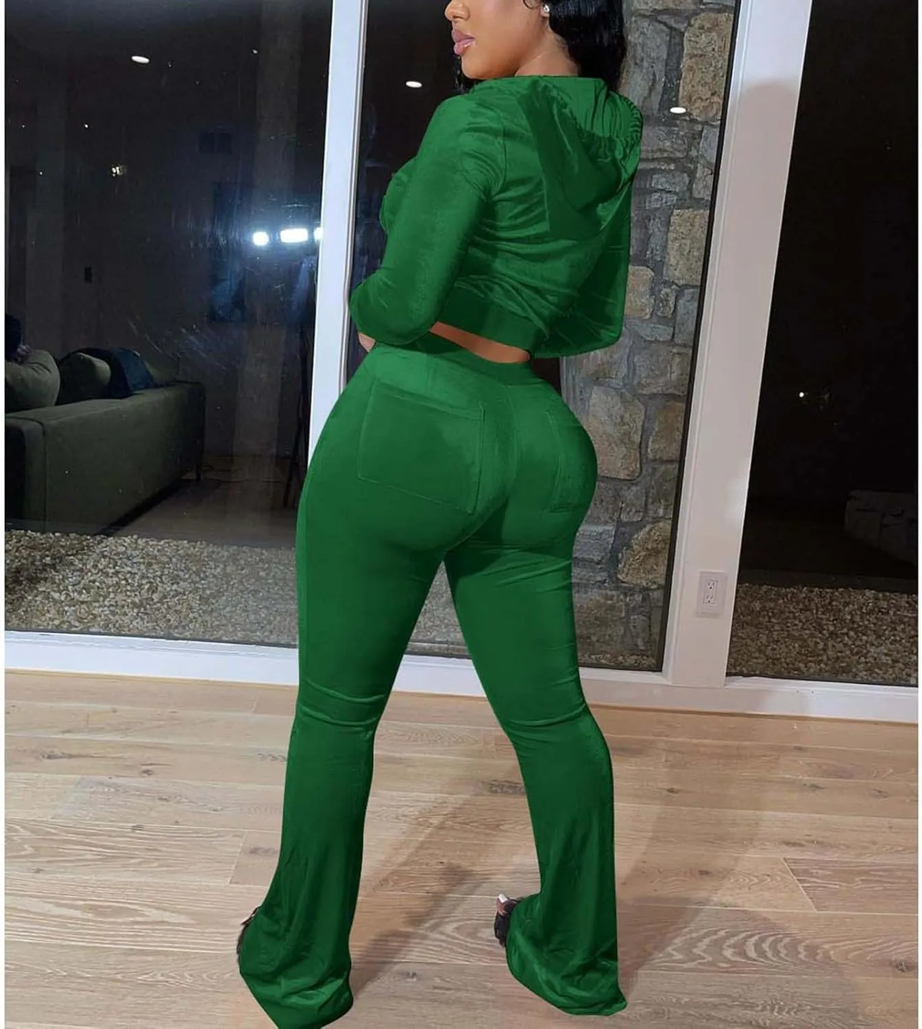 Womens Casual Velour 2 Piece Outfits Cozy Solid Color Sleep Casual Loungwear Sets Street Sports Fashion Tracksuit Set