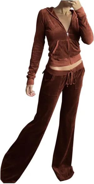 Womens Casual Velour 2 Piece Outfits Cozy Solid Color Sleep Casual Loungwear Sets Street Sports Fashion Tracksuit Set