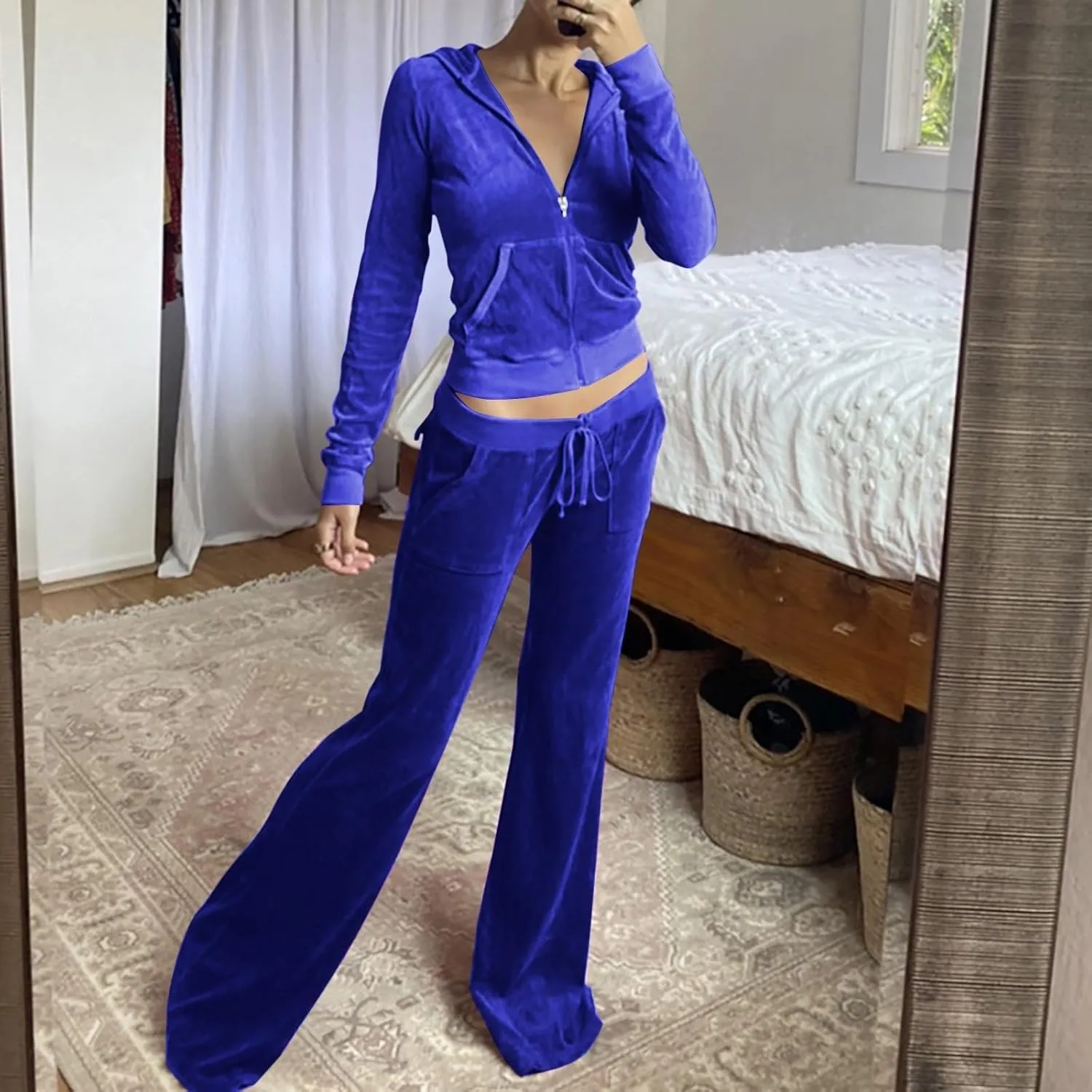 Womens Casual Velour 2 Piece Outfits Cozy Solid Color Sleep Casual Loungwear Sets Street Sports Fashion Tracksuit Set