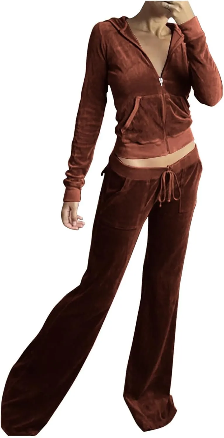 Womens Casual Velour 2 Piece Outfits Cozy Solid Color Sleep Casual Loungwear Sets Street Sports Fashion Tracksuit Set