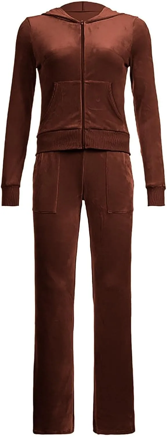 Womens Casual Velour 2 Piece Outfits Cozy Solid Color Sleep Casual Loungwear Sets Street Sports Fashion Tracksuit Set