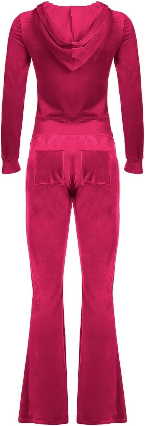 Womens Casual Velour 2 Piece Outfits Cozy Solid Color Sleep Casual Loungwear Sets Street Sports Fashion Tracksuit Set