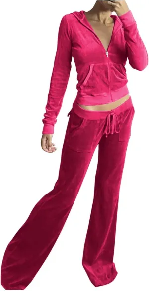 Womens Casual Velour 2 Piece Outfits Cozy Solid Color Sleep Casual Loungwear Sets Street Sports Fashion Tracksuit Set